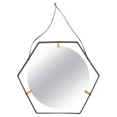 Octagonal Wrought Iron Mirror on Leather Strap, France, 1960's