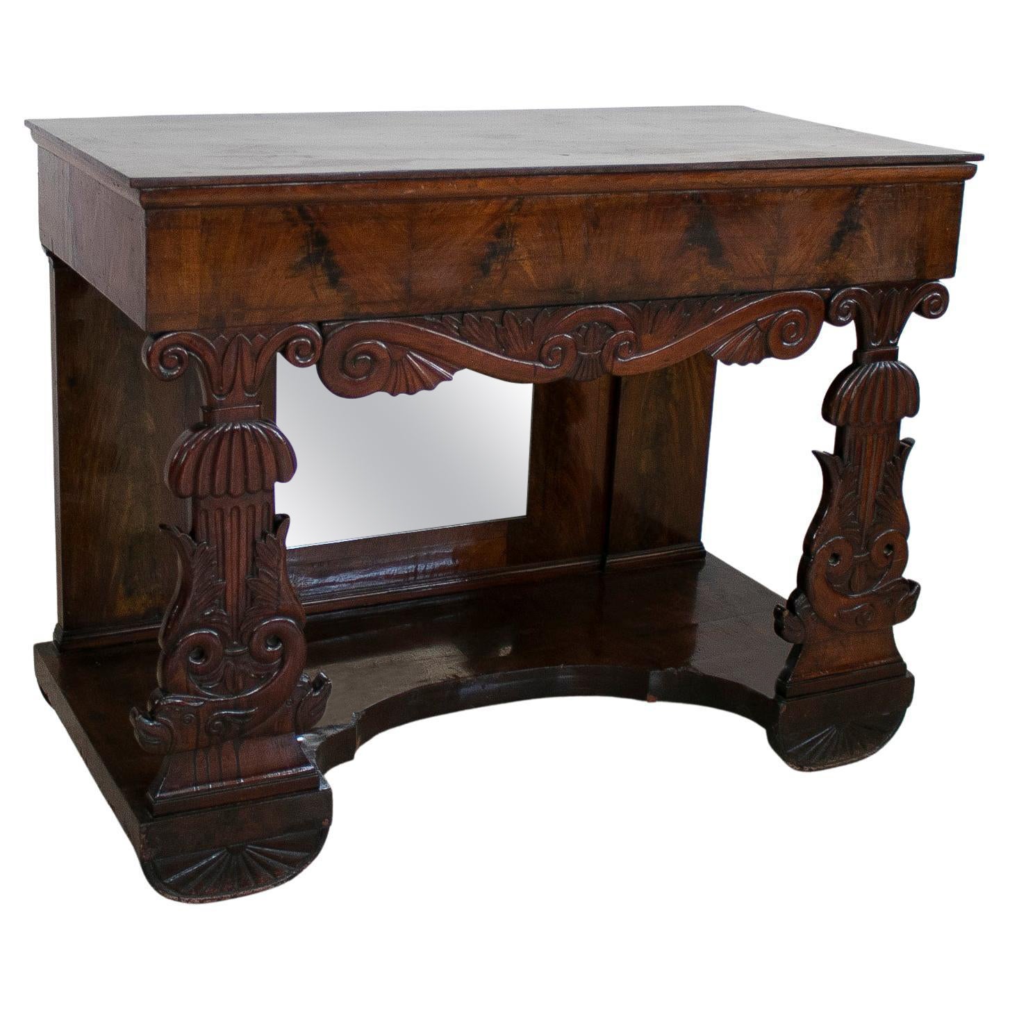 19th Century Spanish Fenandino Style Mahogany Root Wood Console Table w/ Mirror For Sale