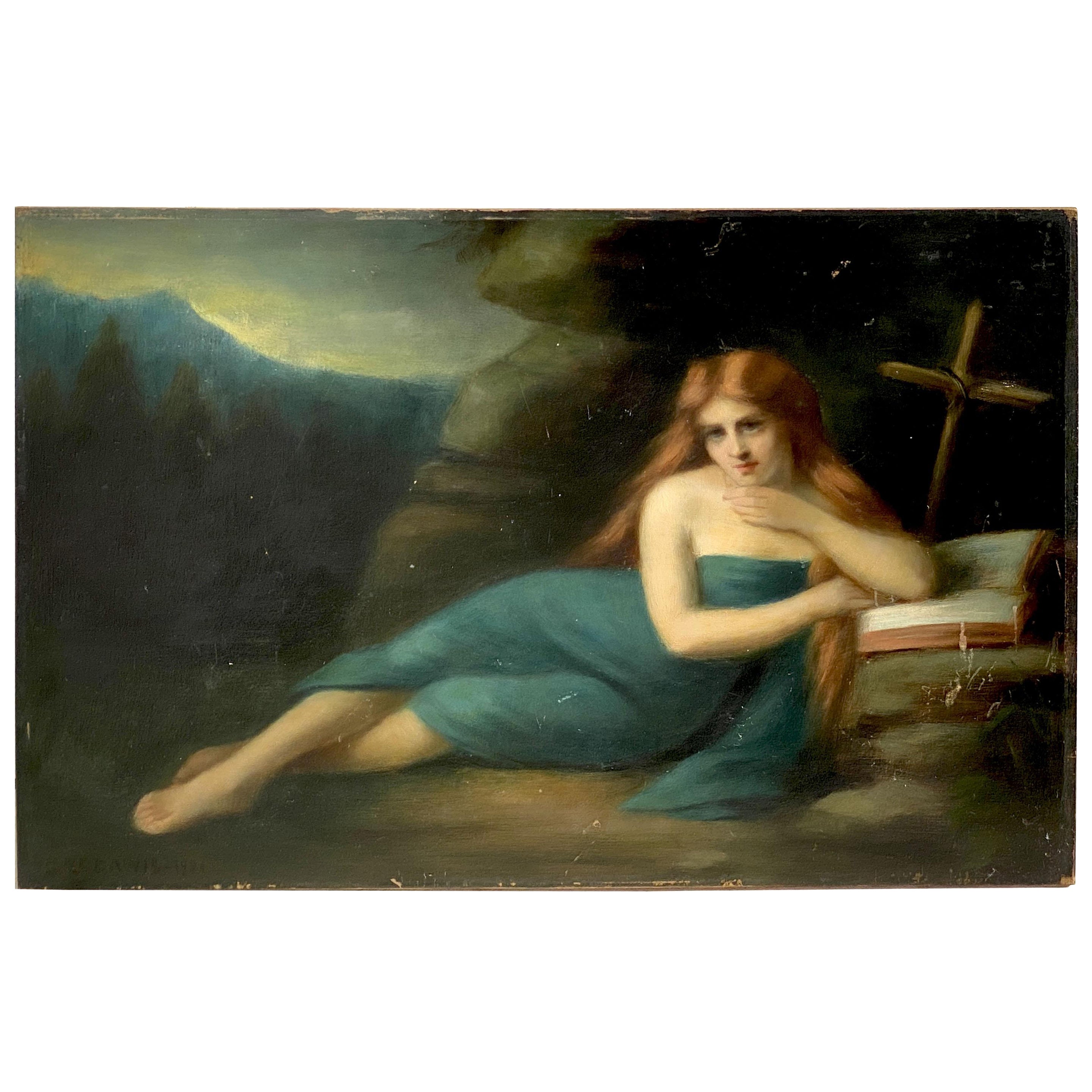 Peinture à l'huile originale de Germaine Dawis, France, représentant une femme nue à tête rouge en vente