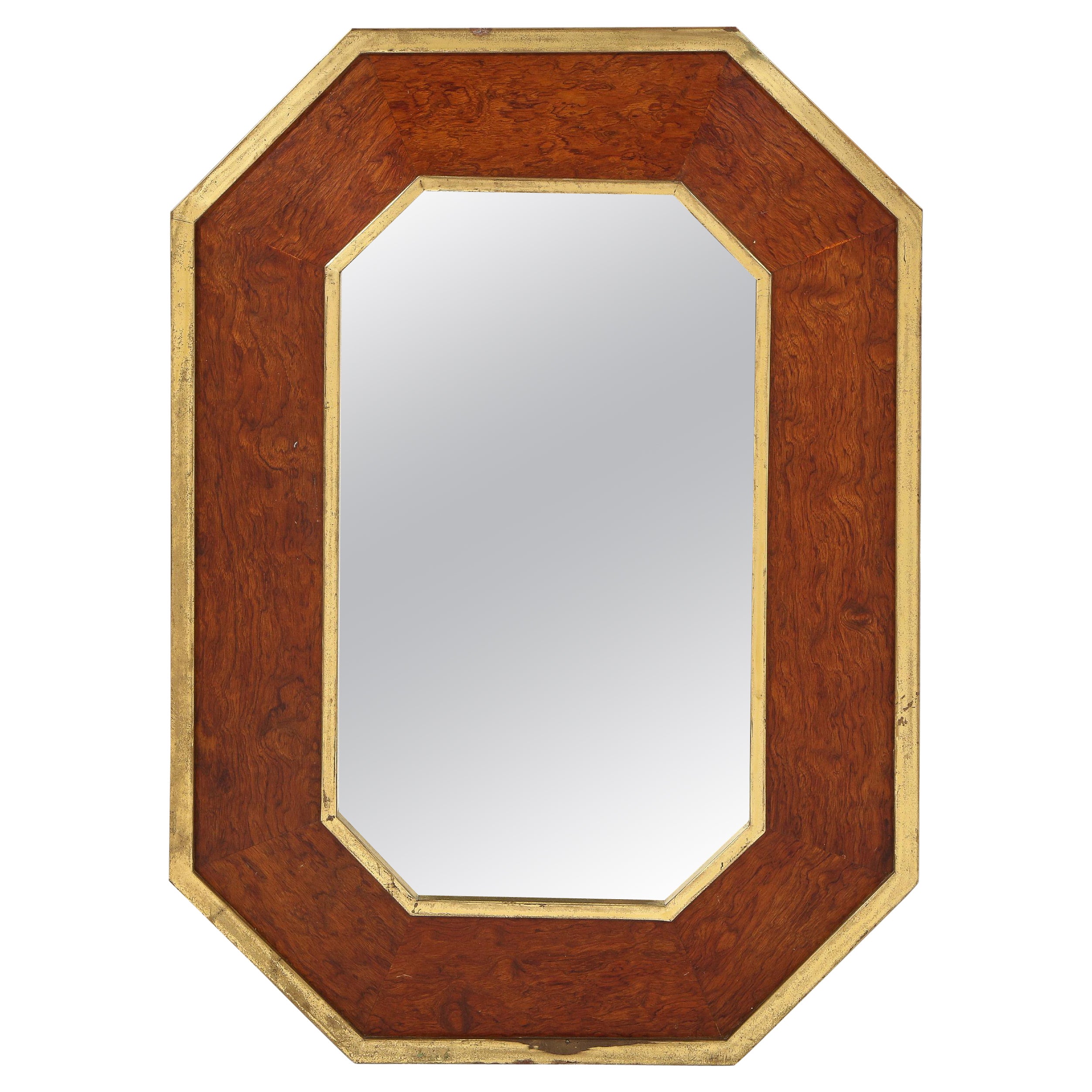 Burl and Brass Neoclassical Revival Octogonal Mirror, France 1960's