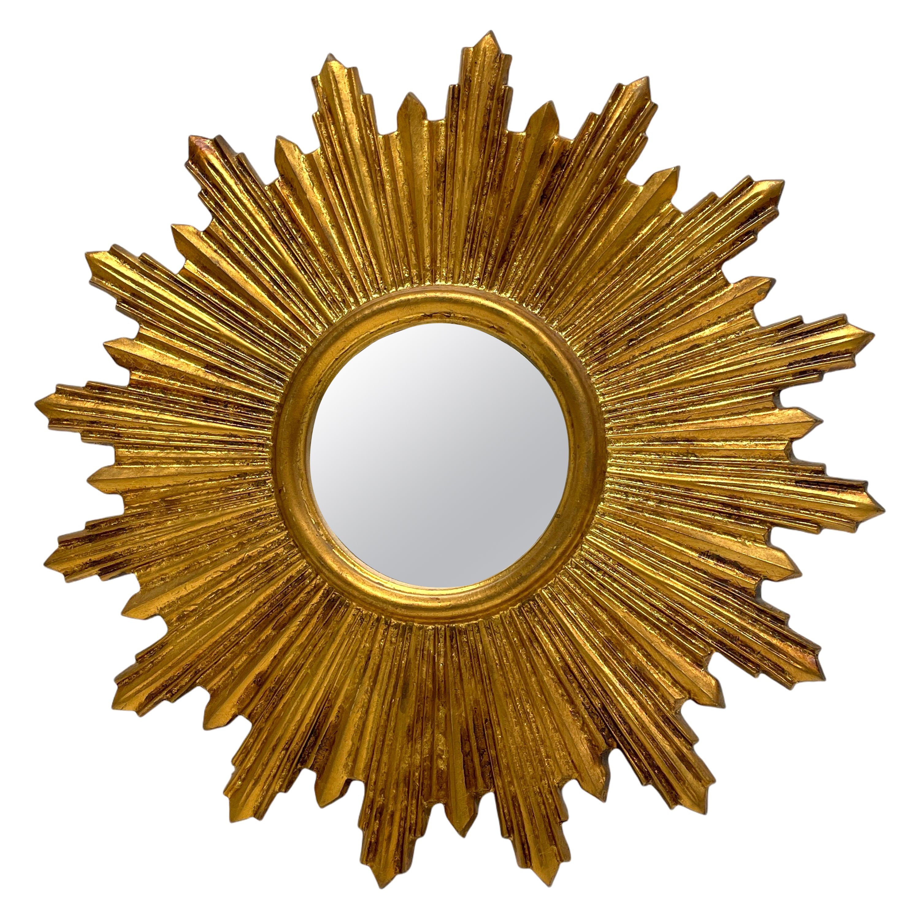 Petite French Starburst Sunburst Gilded Wood Mirror, circa 1950s Toleware