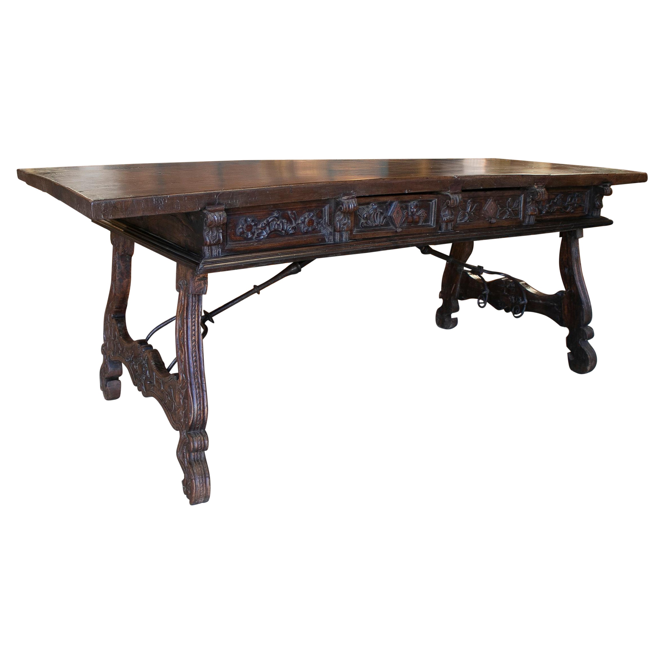 17th Century 2-Drawer Handcarved Walnut Table w/ Fluted Legs & Original Iron For Sale