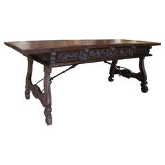 17th Century 2-Drawer Handcarved Walnut Table w/ Fluted Legs & Original Iron