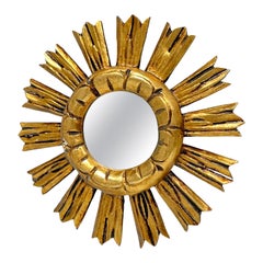 Petite French Starburst Sunburst Gilded Wood Mirror, circa 1950s