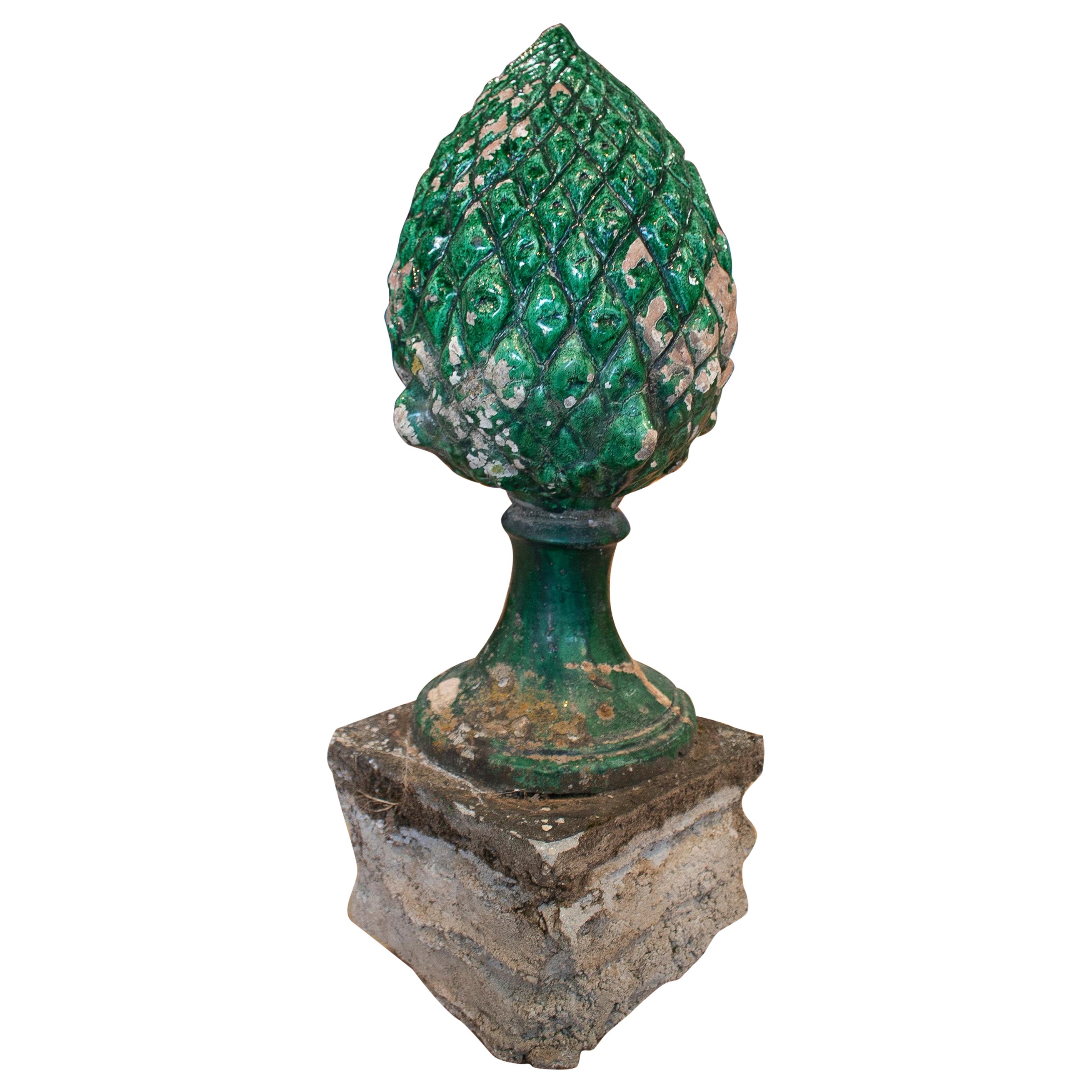1950s Spanish Green Glazed Terracotta Pineapple Shaped Finial