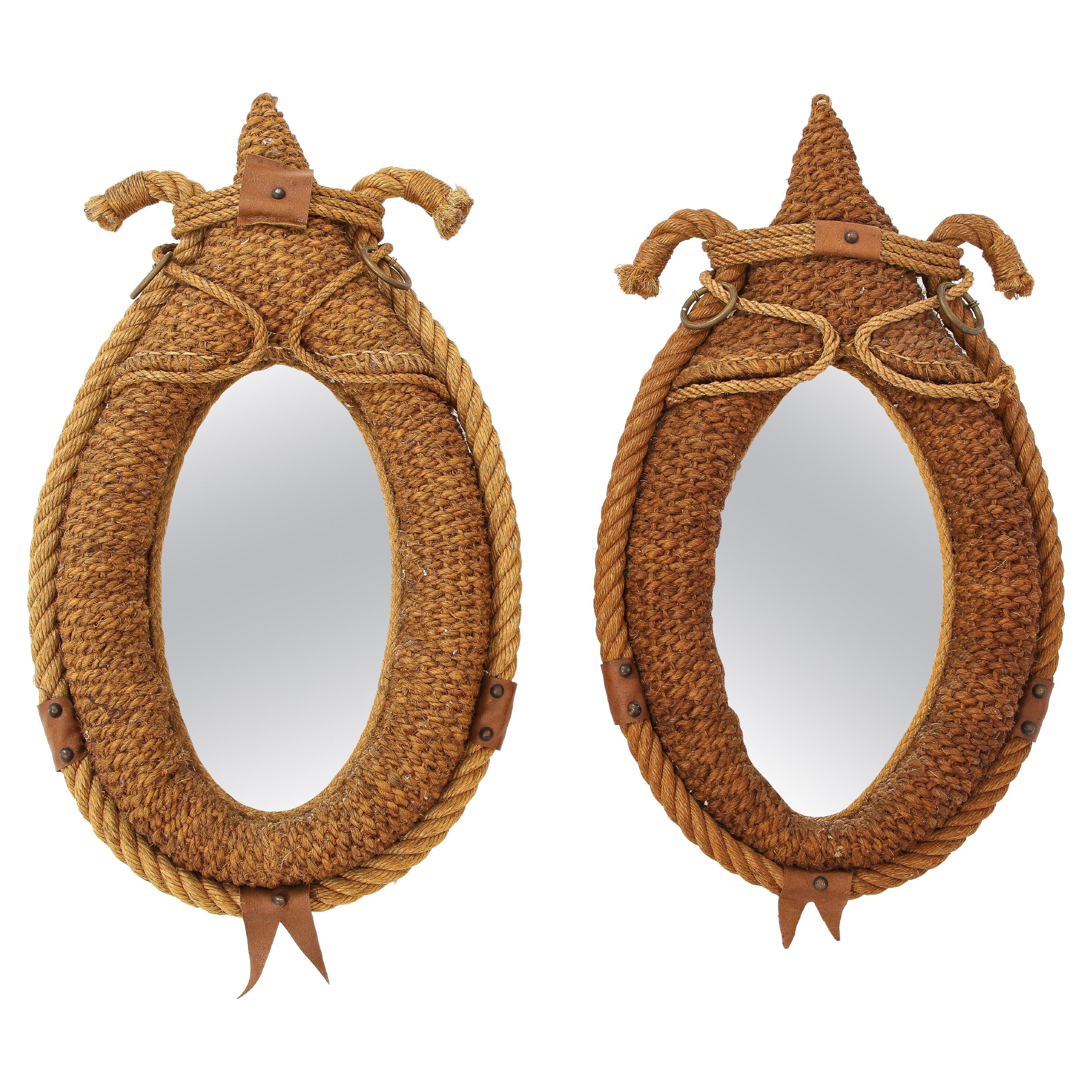 Pair of Rope and Leather Mirrors, France 1960's