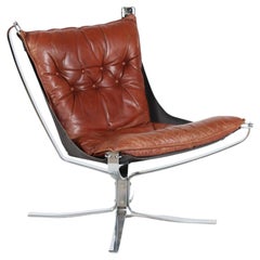 Sigurd Ressell Falcon Chair with Brown Leather Cushions by Vatne Møbler Norway