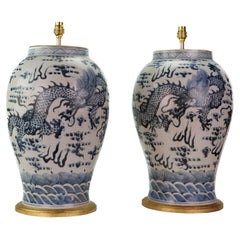 Large Pair of 20th Century Chinese Blue and White Dragon Porcelain Table Lamps