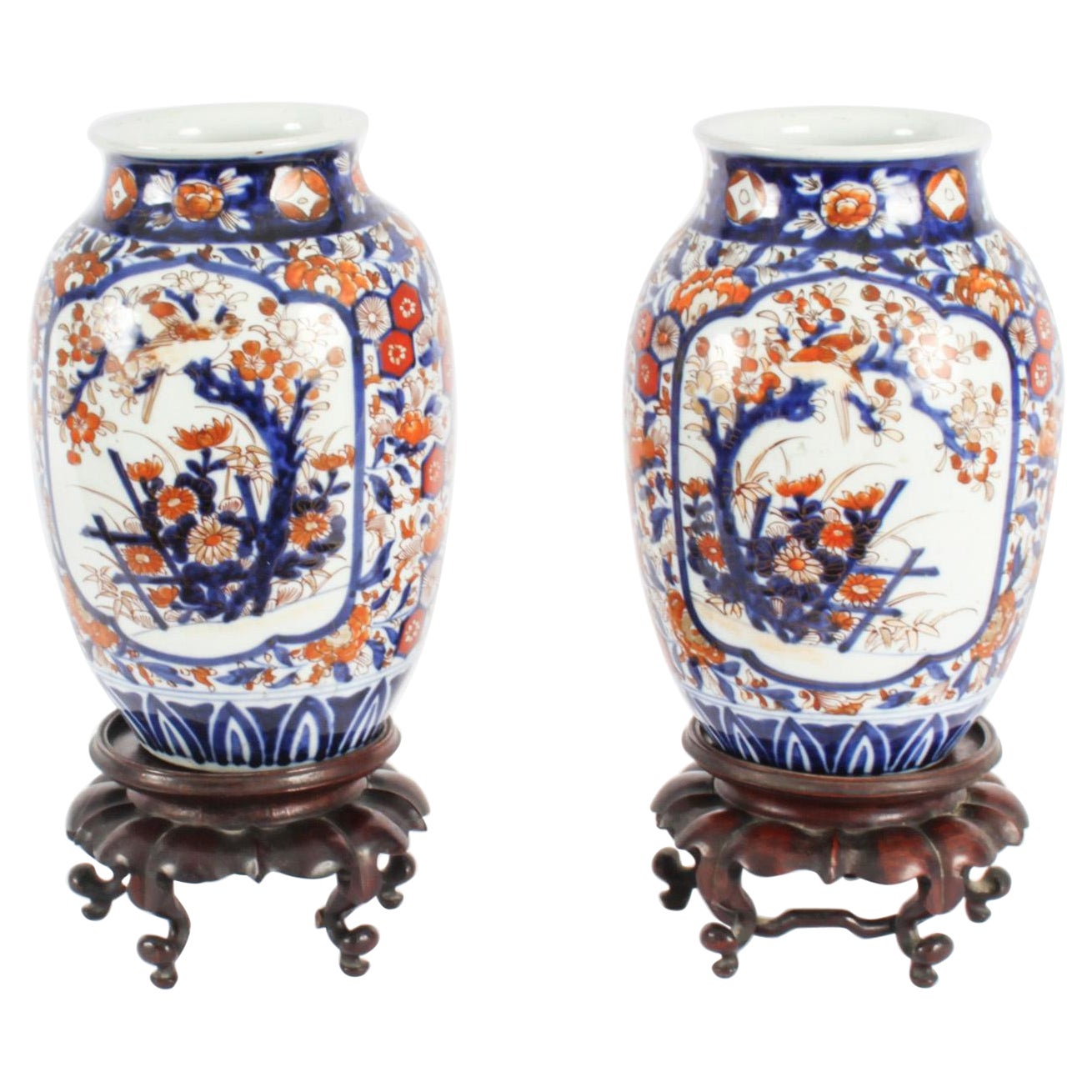 Antique Pair Japanese Imari Porcelain Vases on Stands 19th C