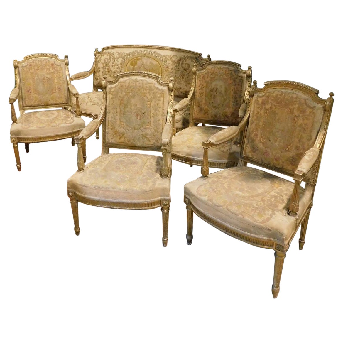 Vintage Gilded Living Room, One Sofa and Four Armchairs, 20th Century Italy For Sale