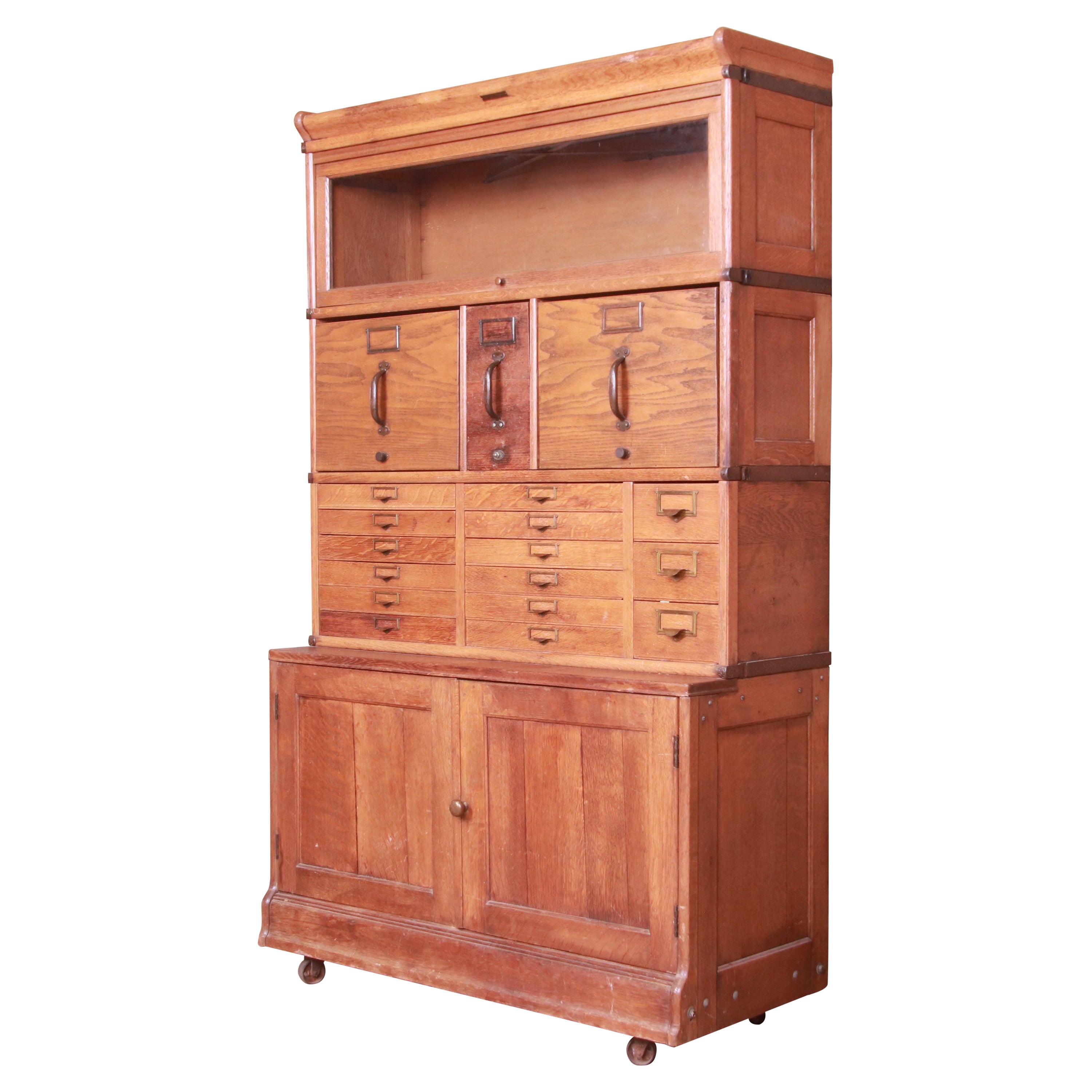 Antique Oak 18-Drawer Card Catalog File Cabinet with Barrister Bookcase, 1920s