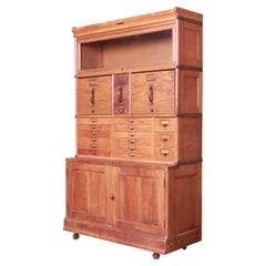 Antique Oak 18-Drawer Card Catalog File Cabinet with Barrister Bookcase, 1920s