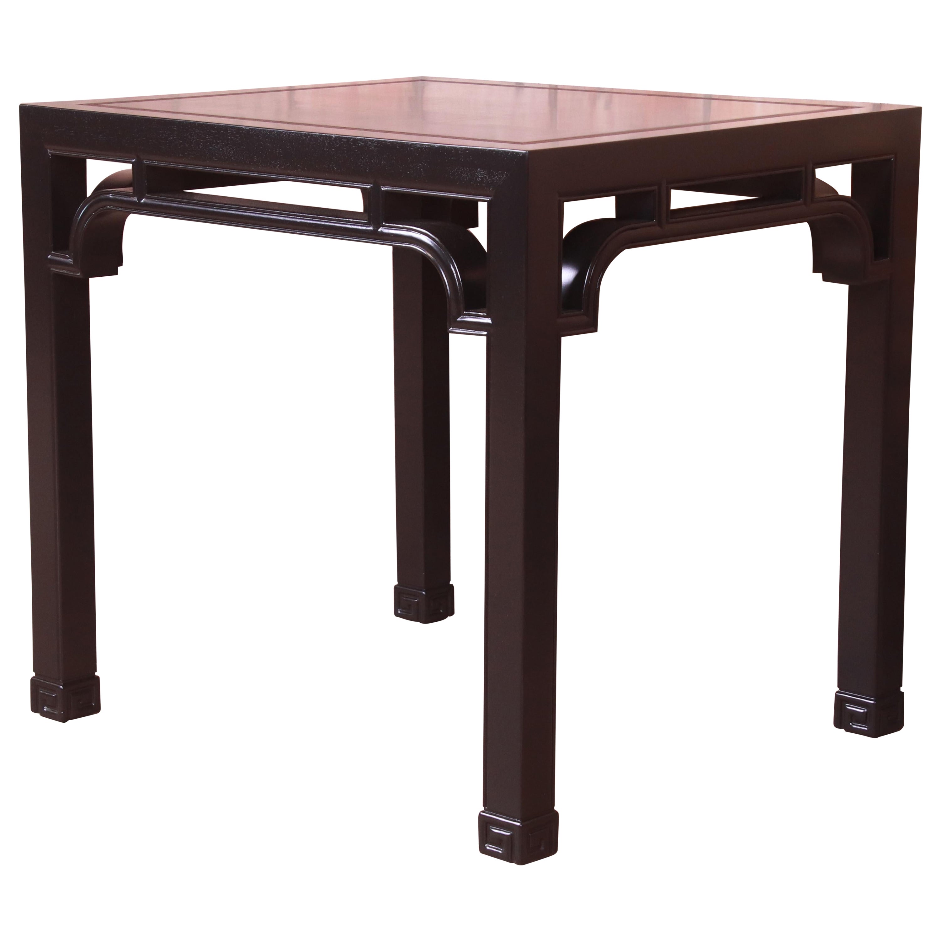 Henredon Hollywood Regency Chinoiserie Black Lacquered Side Table, Refinished