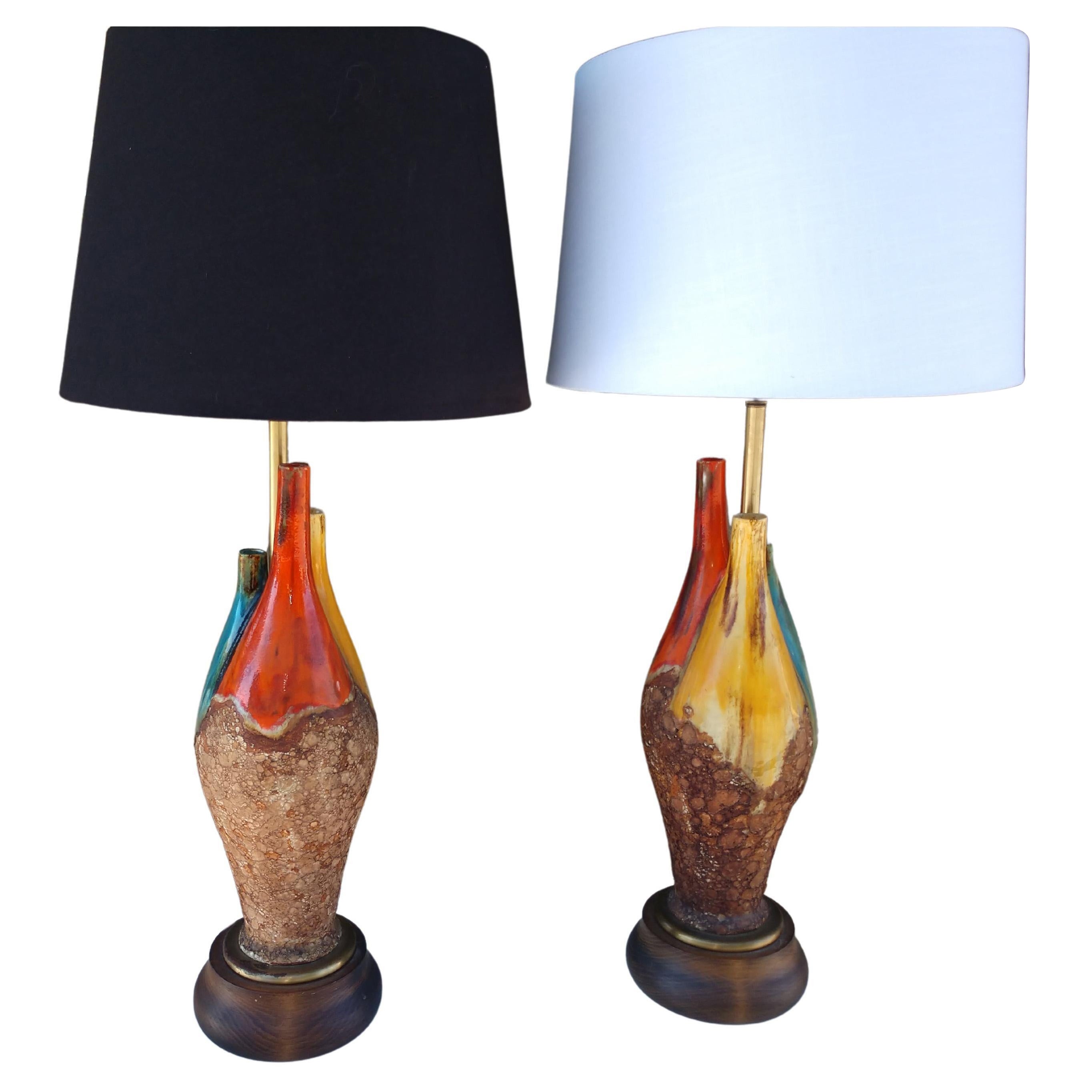 Pair of Mid-Century Modern Pottery Lamps in a TRI Bottle Form