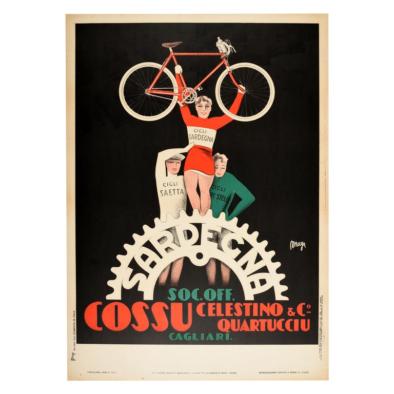 Original Vintage Poster Sardegna Quartucciu Cagliari Sardinia Racing Bicycles Ad For Sale