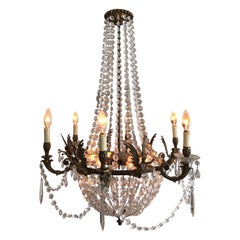 Lustre Empire français à 12 candélabres en bronze et cristal Sac a Perle