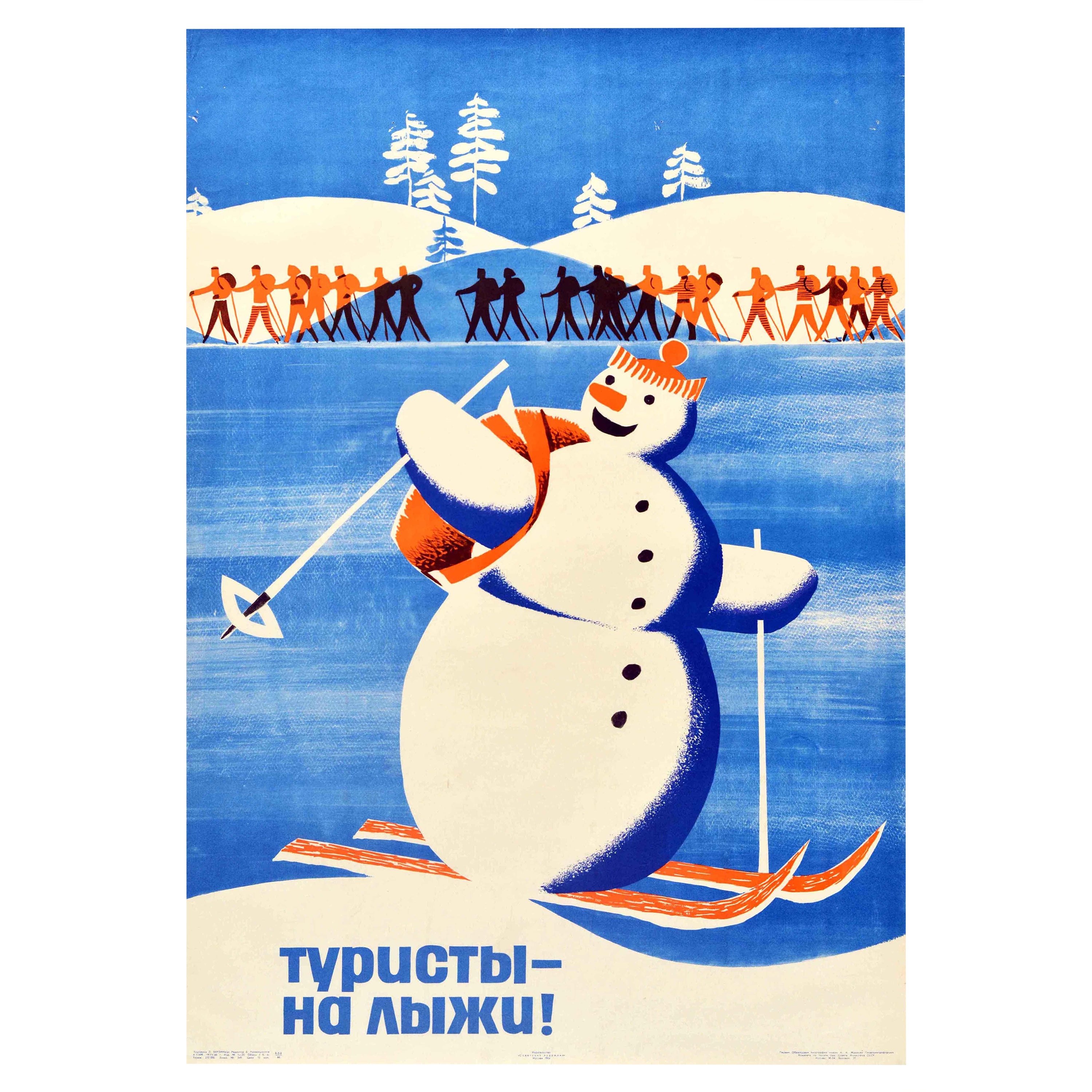 Original Vintage Soviet Poster Go Skiing Winter Sport Travel USSR Snowman Design