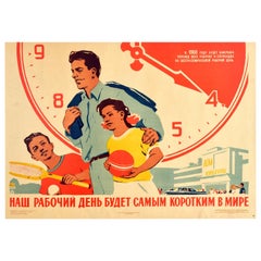 Original Vintage Soviet Poster Six Hour Working Day Week USSR Sport Culture Time