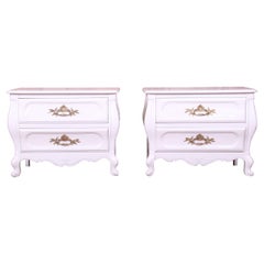 Baker French Provincial Louis XV White Lacquered Nightstands, Newly Refinished