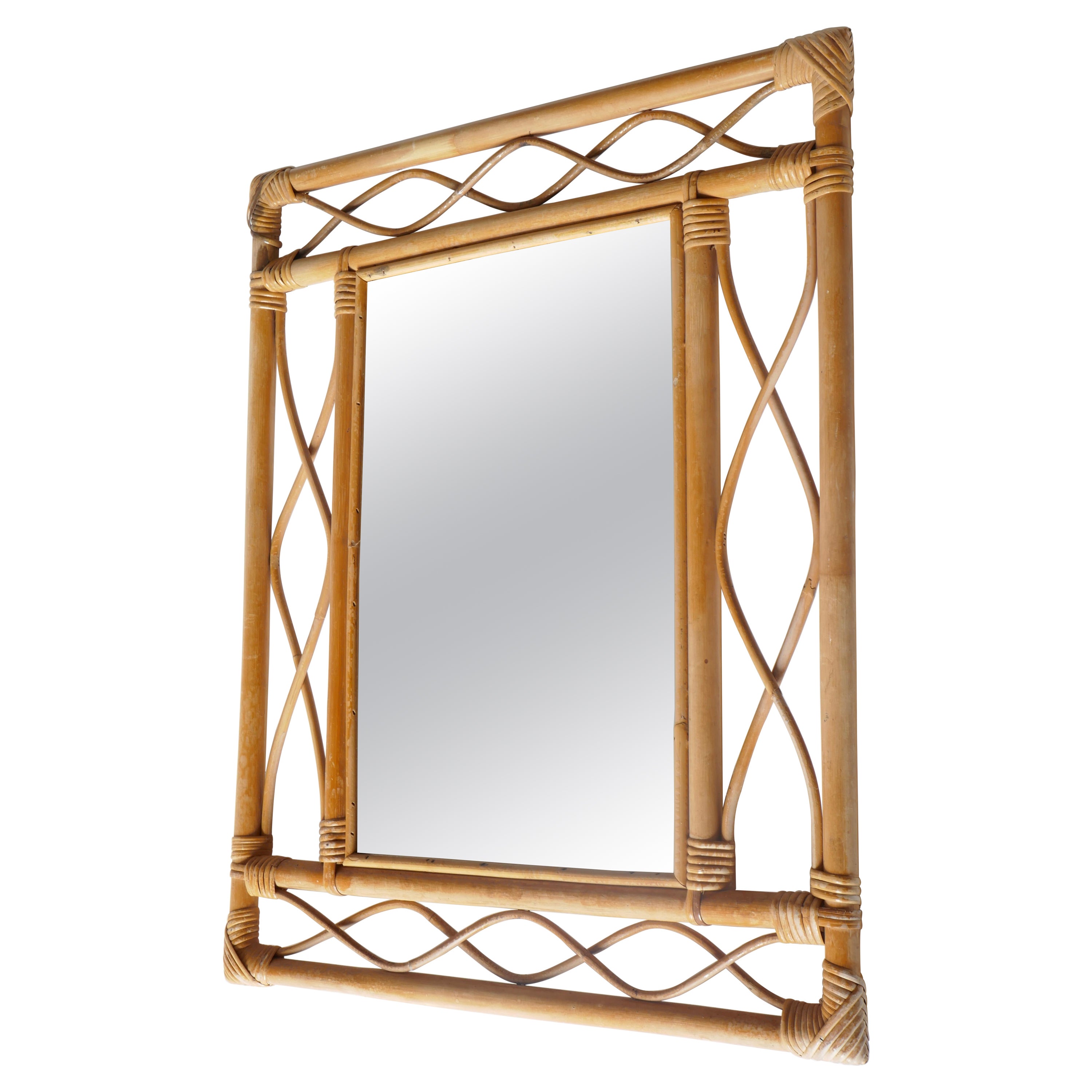 Rectangular Rattan and Bamboo Mirror, France, 1960s For Sale