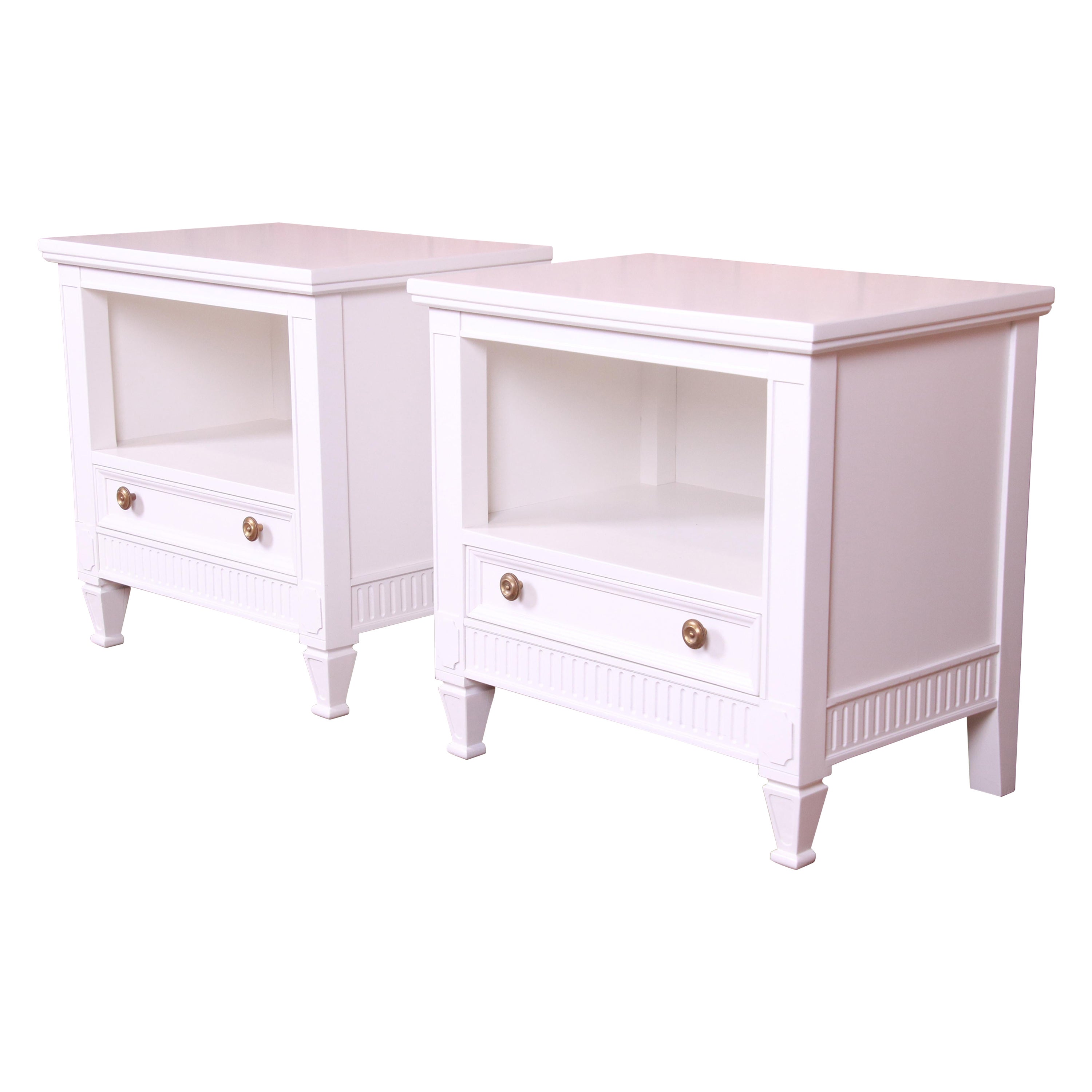Drexel French Regency Louis XVI White Lacquered Nightstands, Newly Refinished