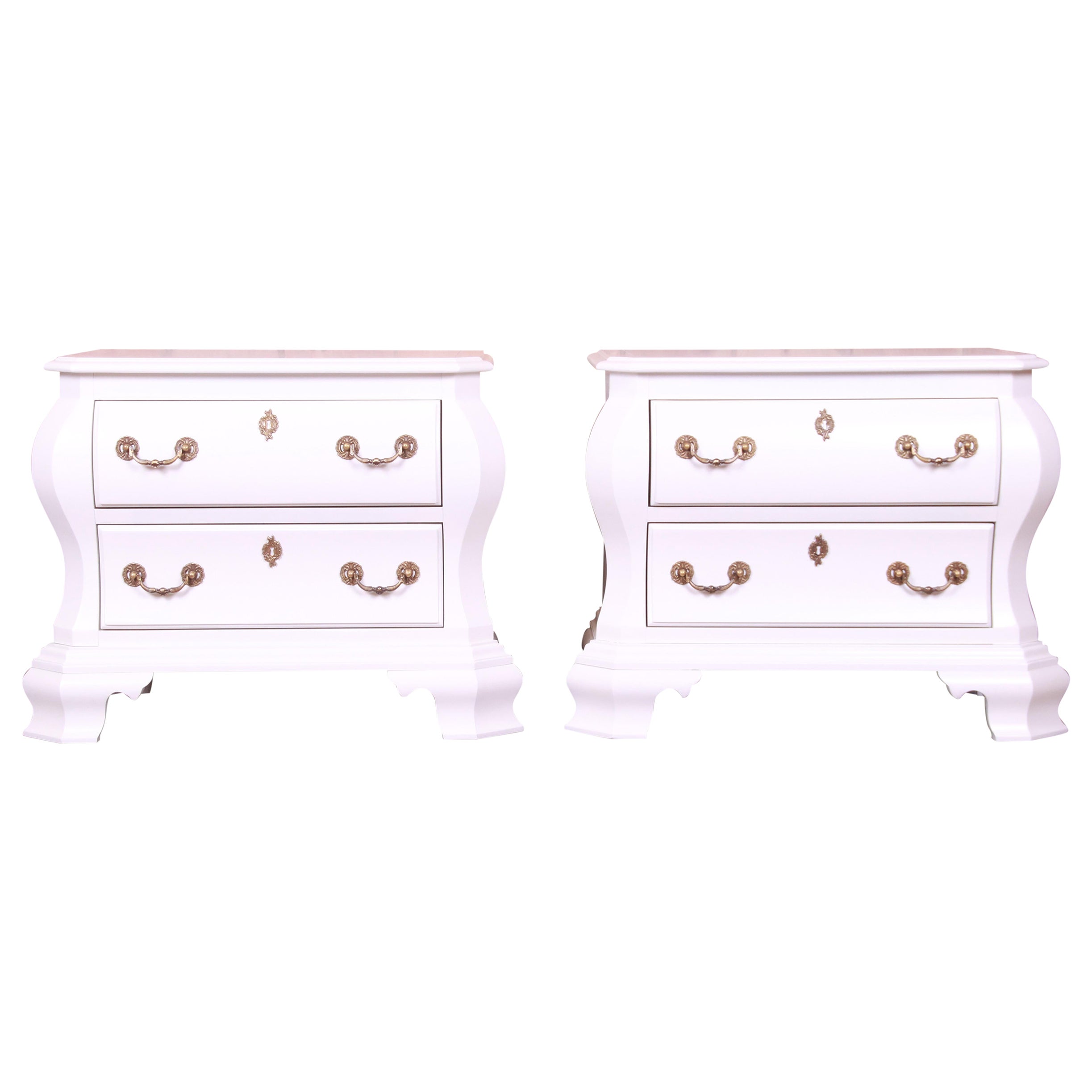 Century Furniture White Lacquered Bombe Form Bedside Chests, Newly Refinished