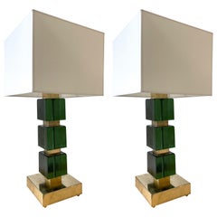 Contemporary Pair of Brass Murano Glass Cube Column Lamps, Italy