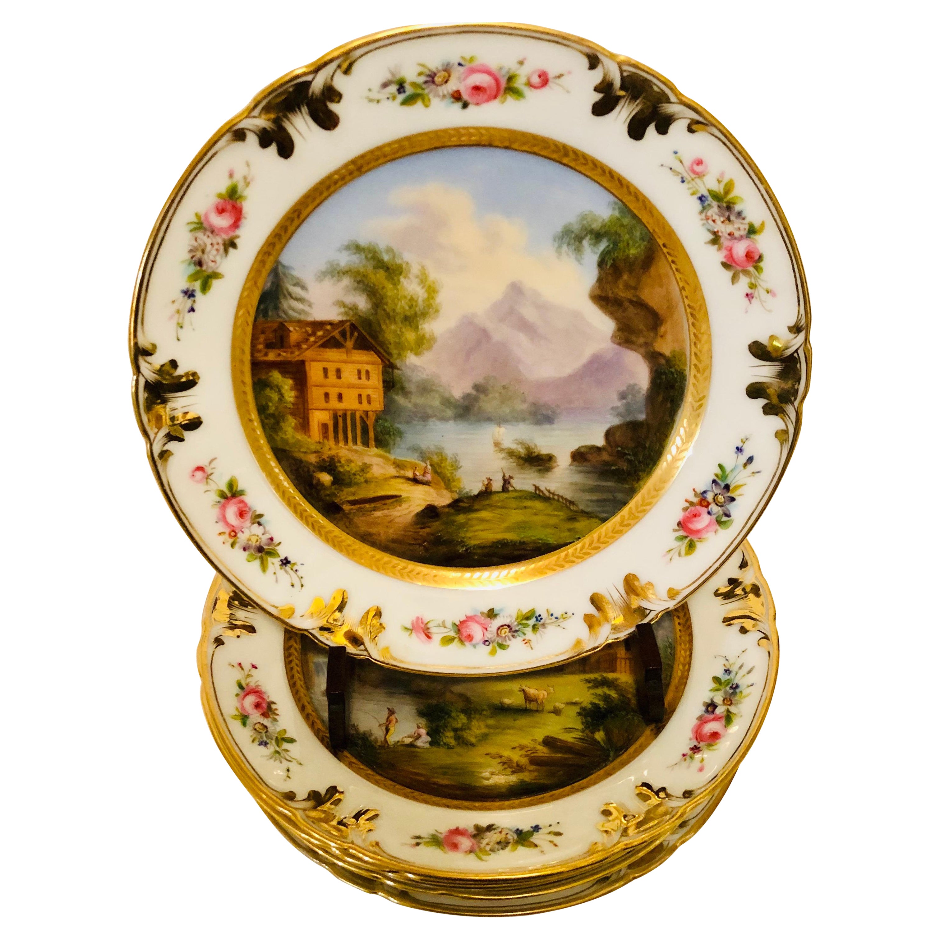 Set of Old Paris Porcelain Plates Each Painted with Different Decorative Scenes