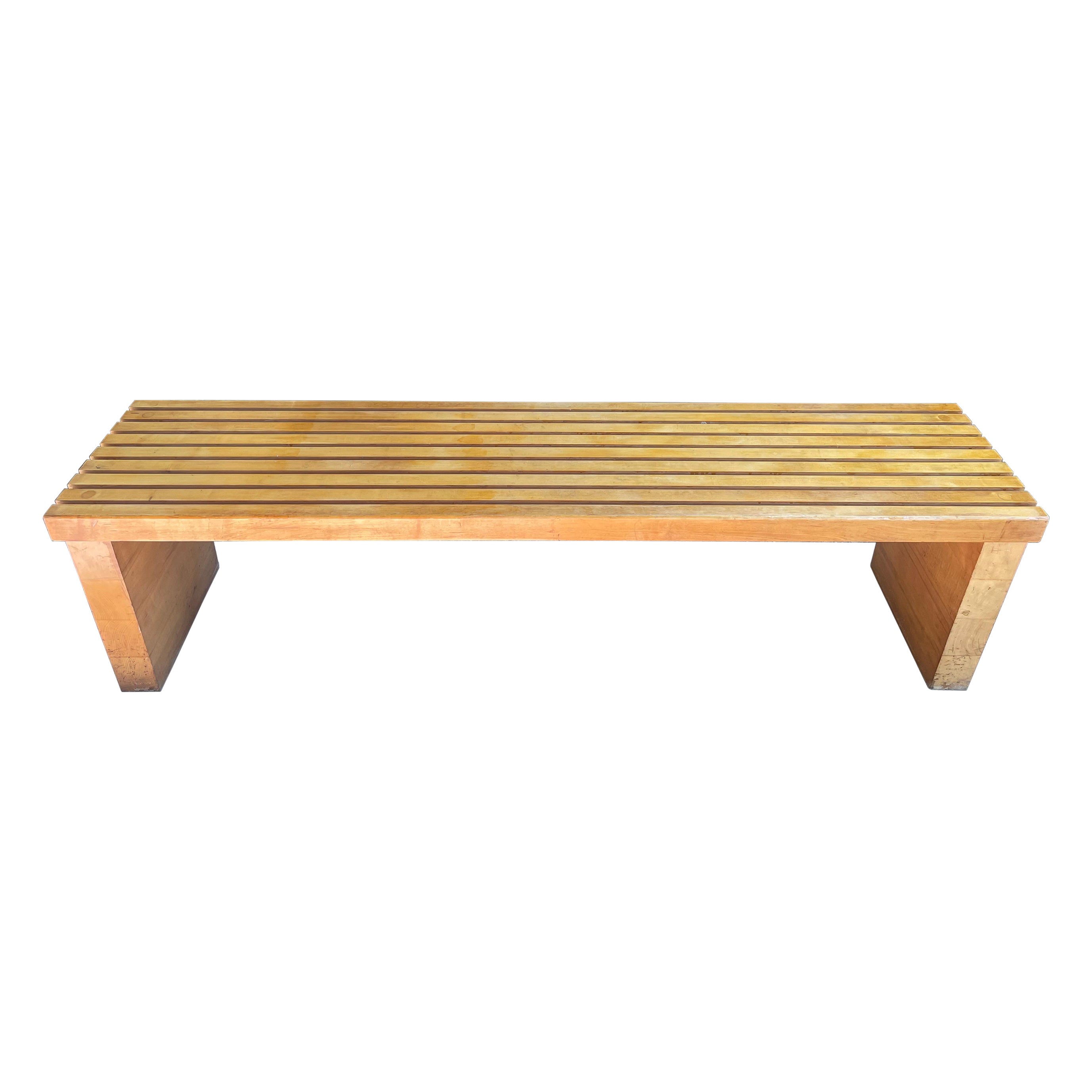 Extra Long Heavy Vintage Maple Wood Slatted Bench For Sale