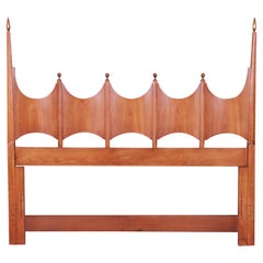 Vintage Thomasville Mid-Century Modern Sculpted Walnut and Brass Queen Size Headboard