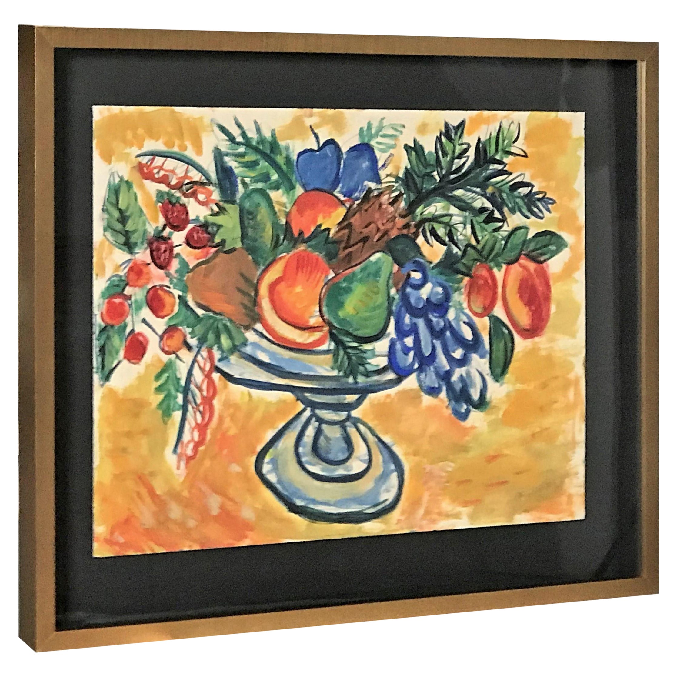 Still Life of Fruit Bowl Casein on Paper Painting by Anonymous NYC Artist 1950s