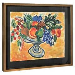 Still Life of Fruit Bowl Casein on Paper Painting by Anonymous NYC Artist 1950s