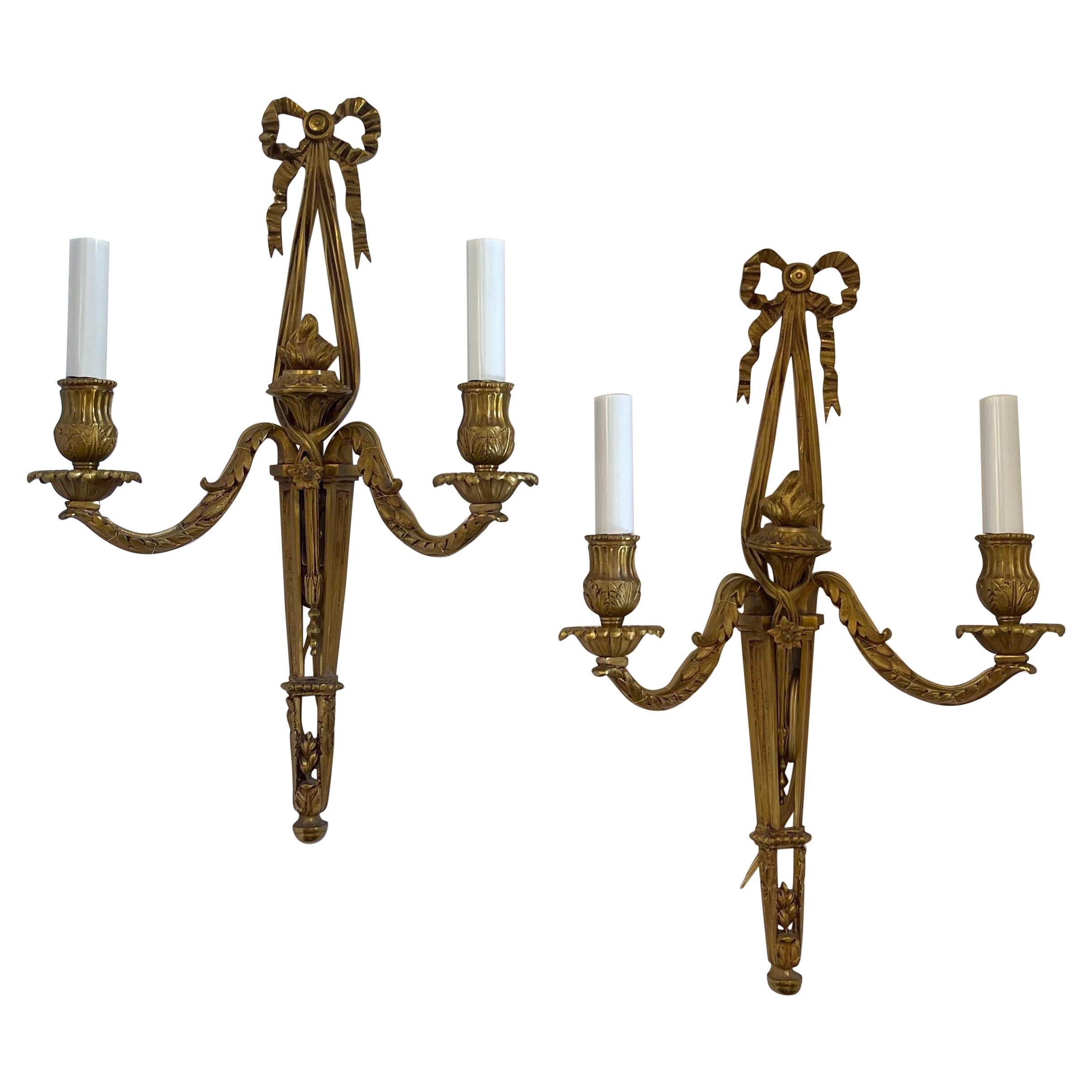 Wonderful Pair French Dore Bronze Ribbon Top Torchiere Neoclassical Sconces For Sale