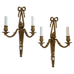 Wonderful Pair French Dore Bronze Ribbon Top Torchiere Neoclassical Sconces