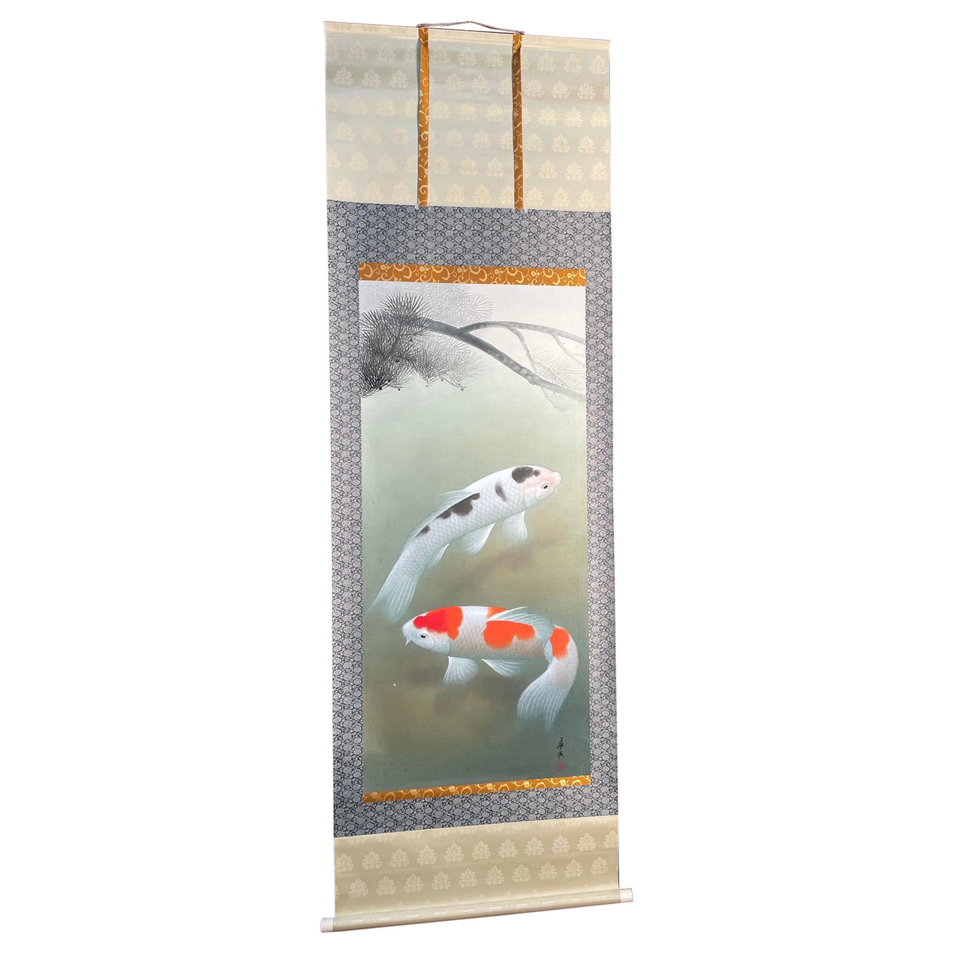 Japanese Magnificent Koi Fish Silk Scroll Hand Painting Signed & Boxed