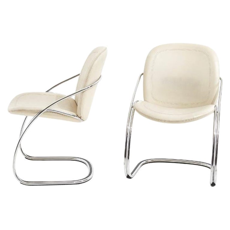 Italian Leather and Chrome Pair Side Chairs, Gastone Rinaldi RIMA, 1970 For Sale