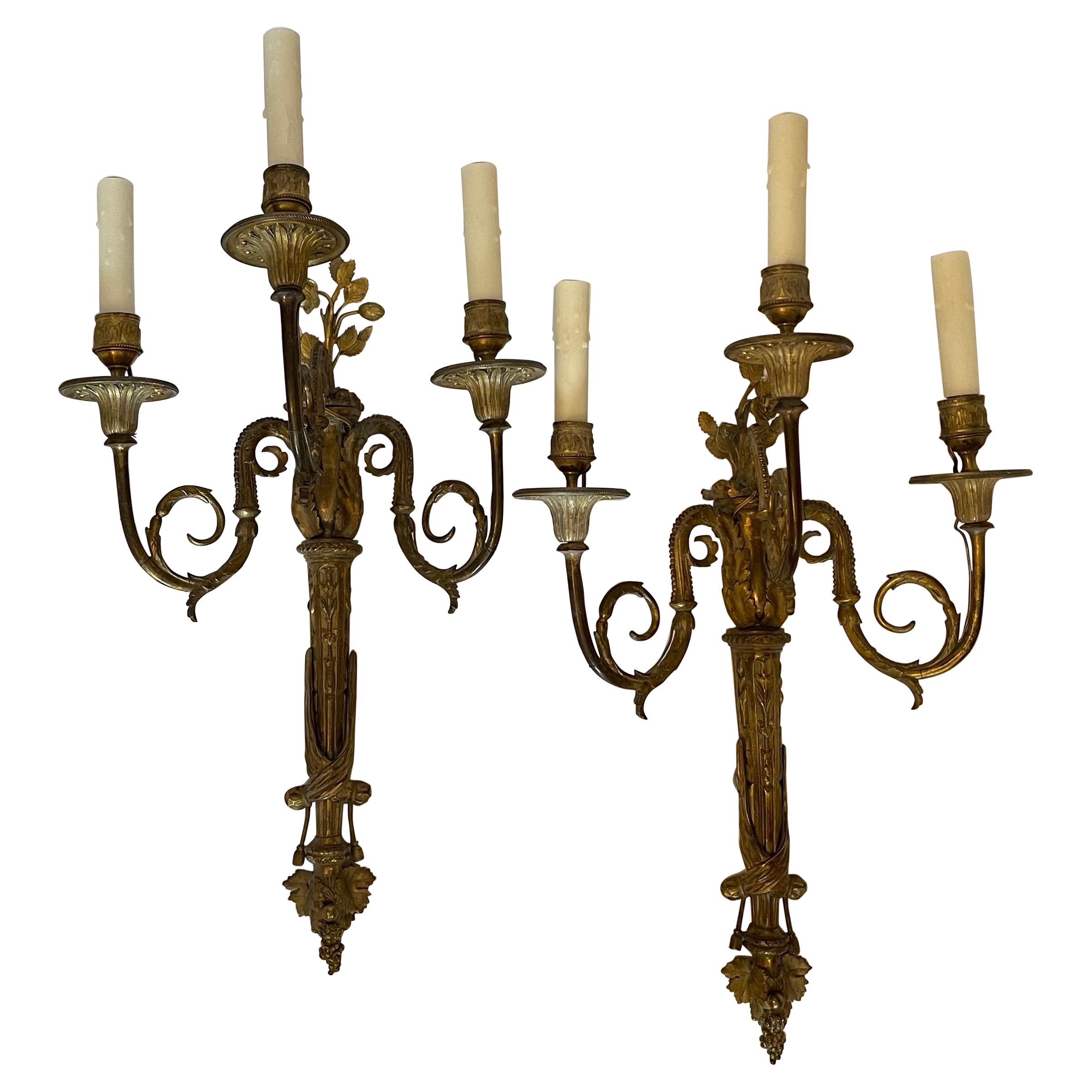Wonderful Large Pair French Dore Bronze Torchiere Neoclassical Tassel Sconces
