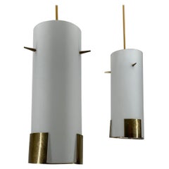 Pair Kalmar Pendant Lights, Opal Glass Brass Details, Austria, 1950s