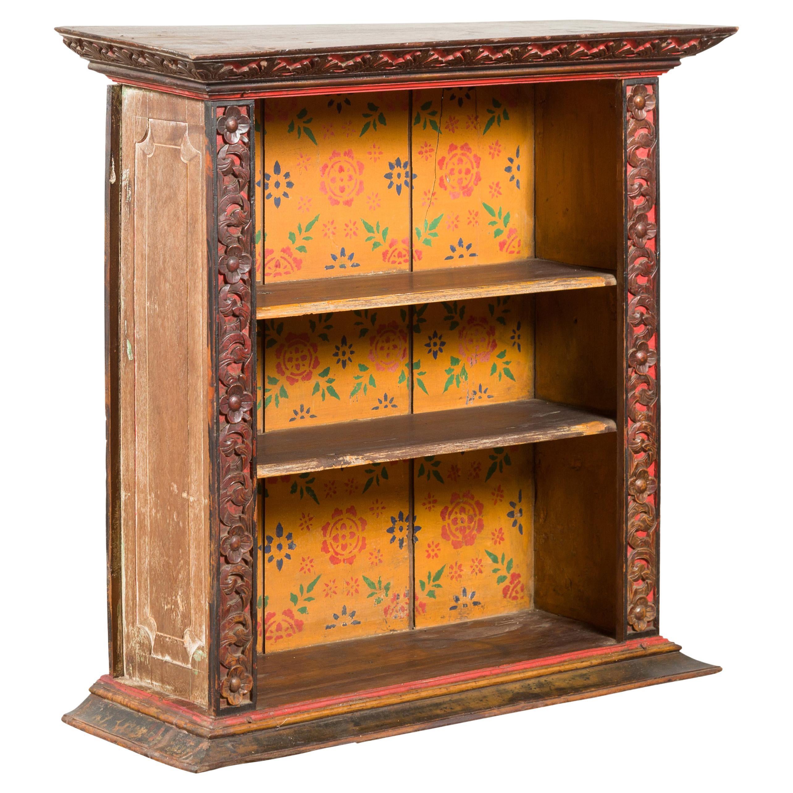 Antique Indian 19th Century Wall Display Cabinet with Carved Floral Motifs For Sale