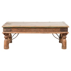 19th Century Indian Rustic Coffee Table with Iron Accents and Carved Apron