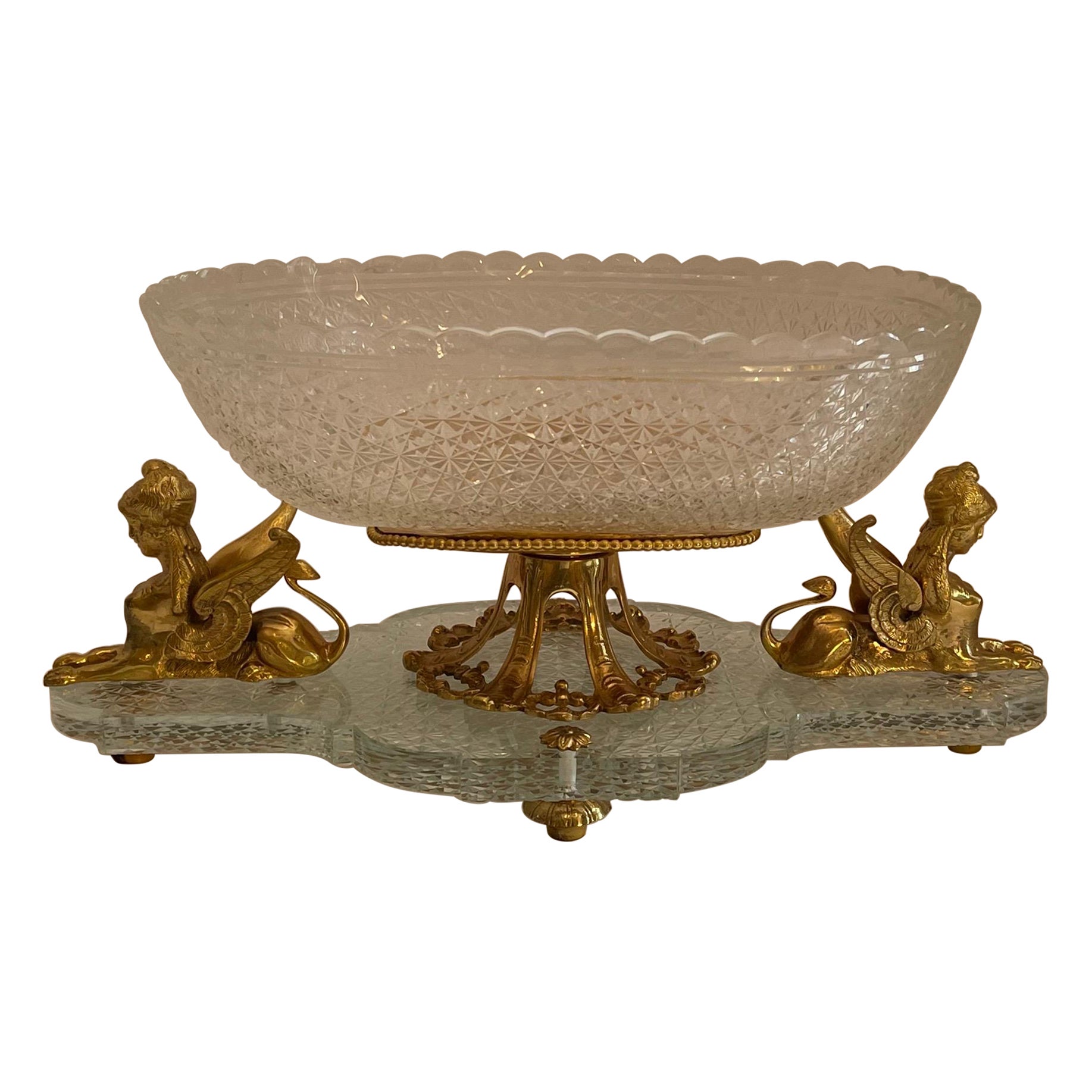 Wonderful French Empire Ormolu Bronze Sphinx Oval Cut Crystal Centerpiece Bowl