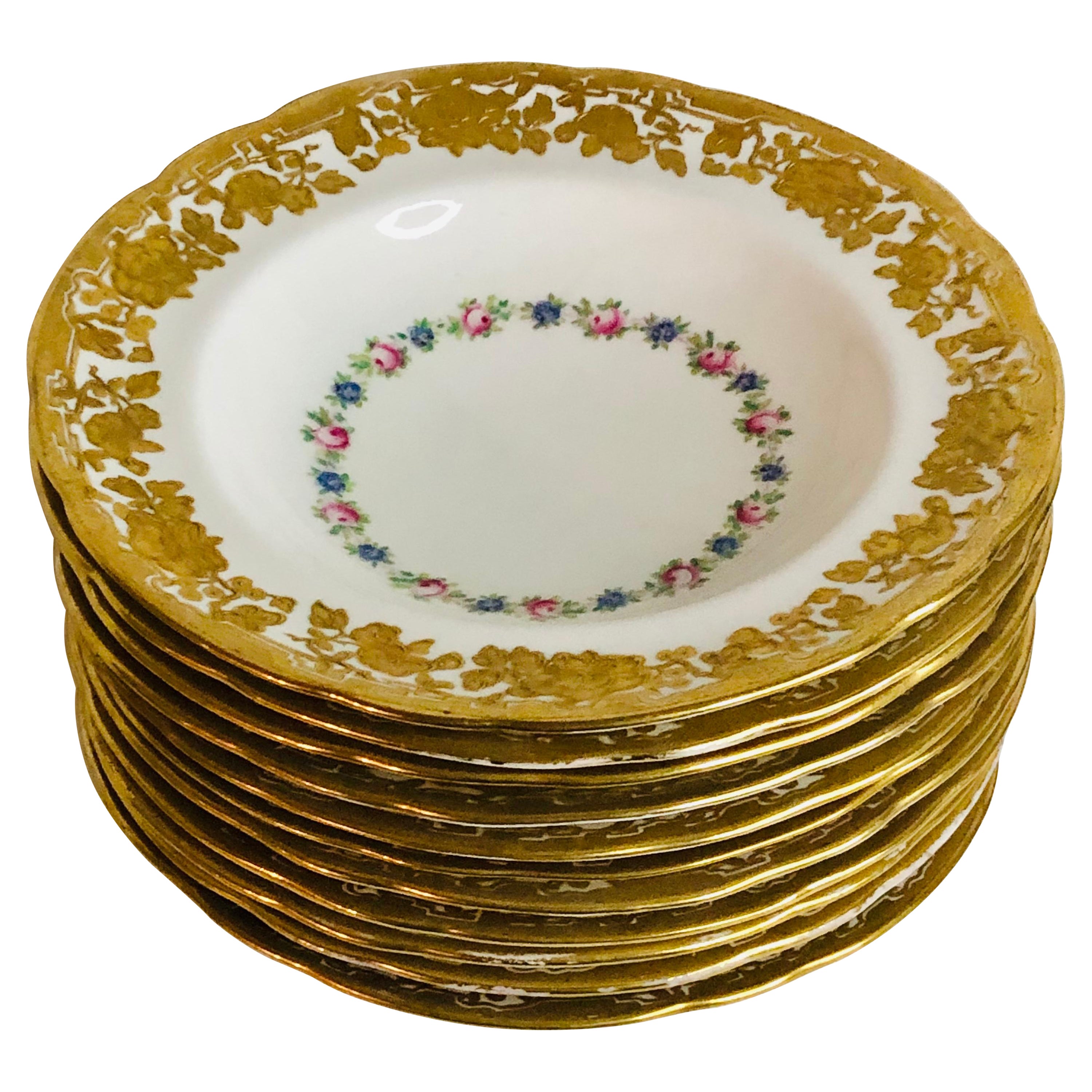 Set of Eleven Hammersley & Co. Wide Rim Soups with Raised Gilded Flowers on Rim For Sale