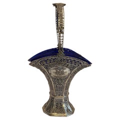 Vintage Wonderful Monumental European Sterling Silver Bridal Basket Cobalt Blue Glass