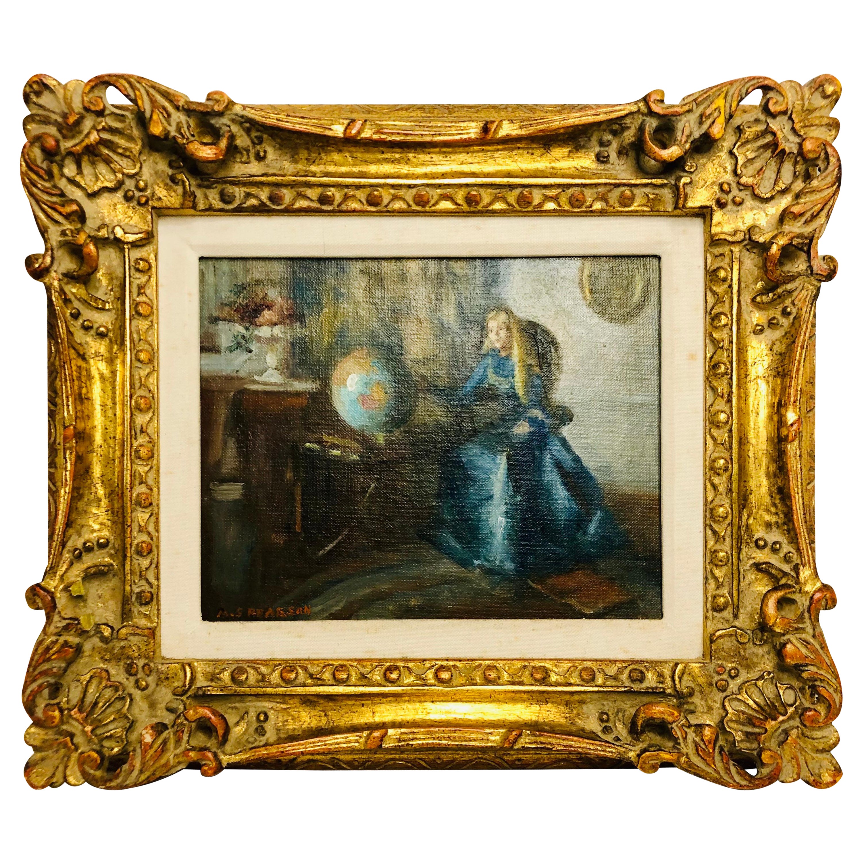 Peinture à l'huile de Marguerite Stuber Pearson « Lady Sitting at a Table With a Globe »