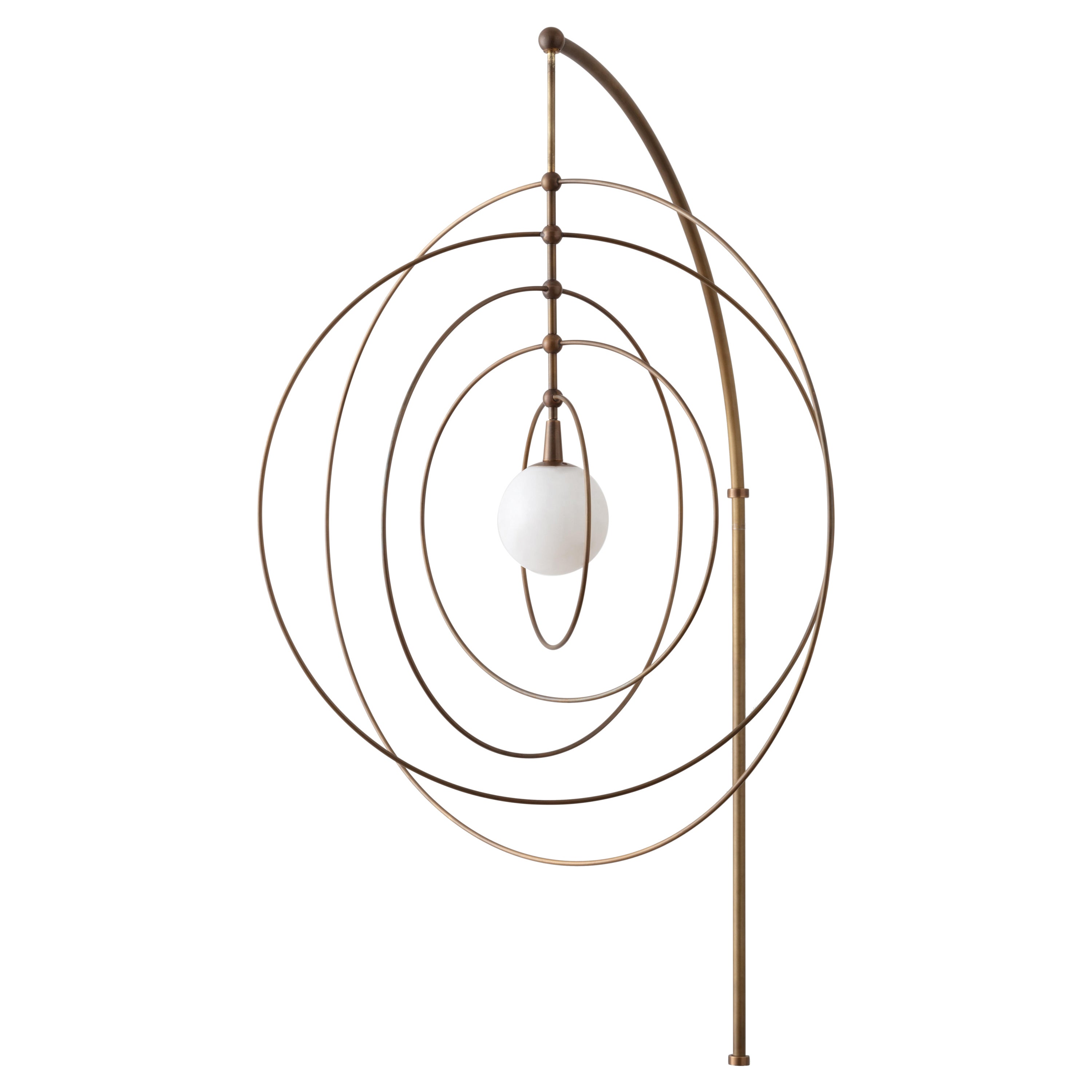 For Sale: Brown (Antique Brass) Circle Mobile Sconce LED Kinetic Sculpture with Blown Glass and Brass Rings