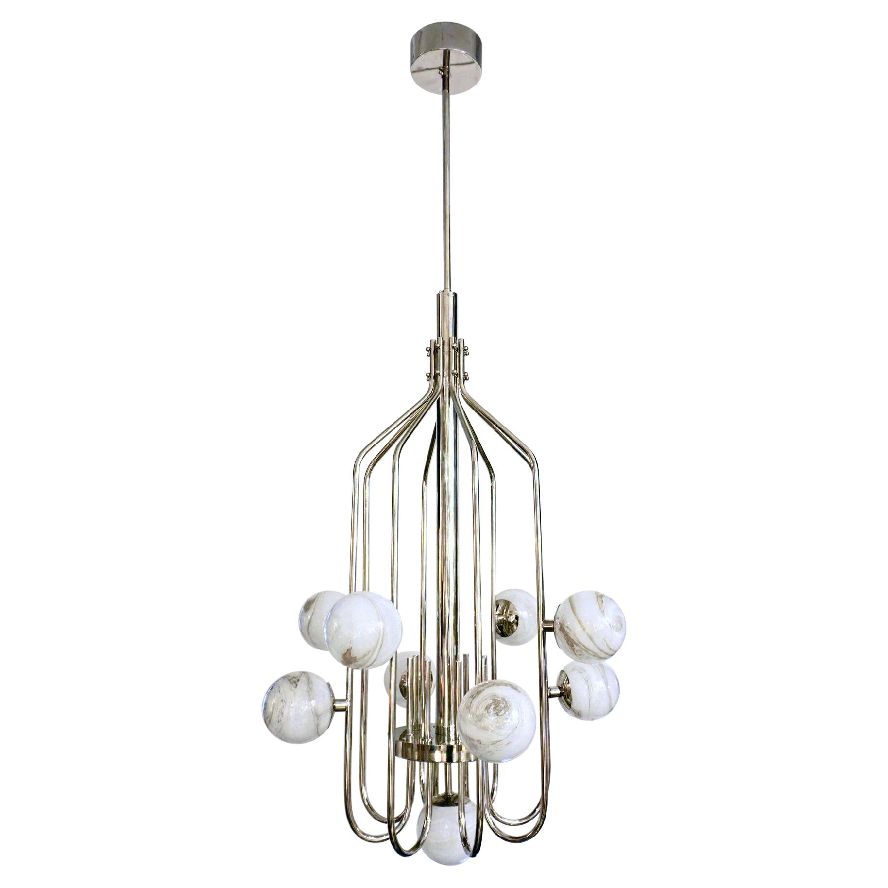 Bespoke Italian Alabaster White Murano Glass Nickel Curved Globe Chandelier For Sale