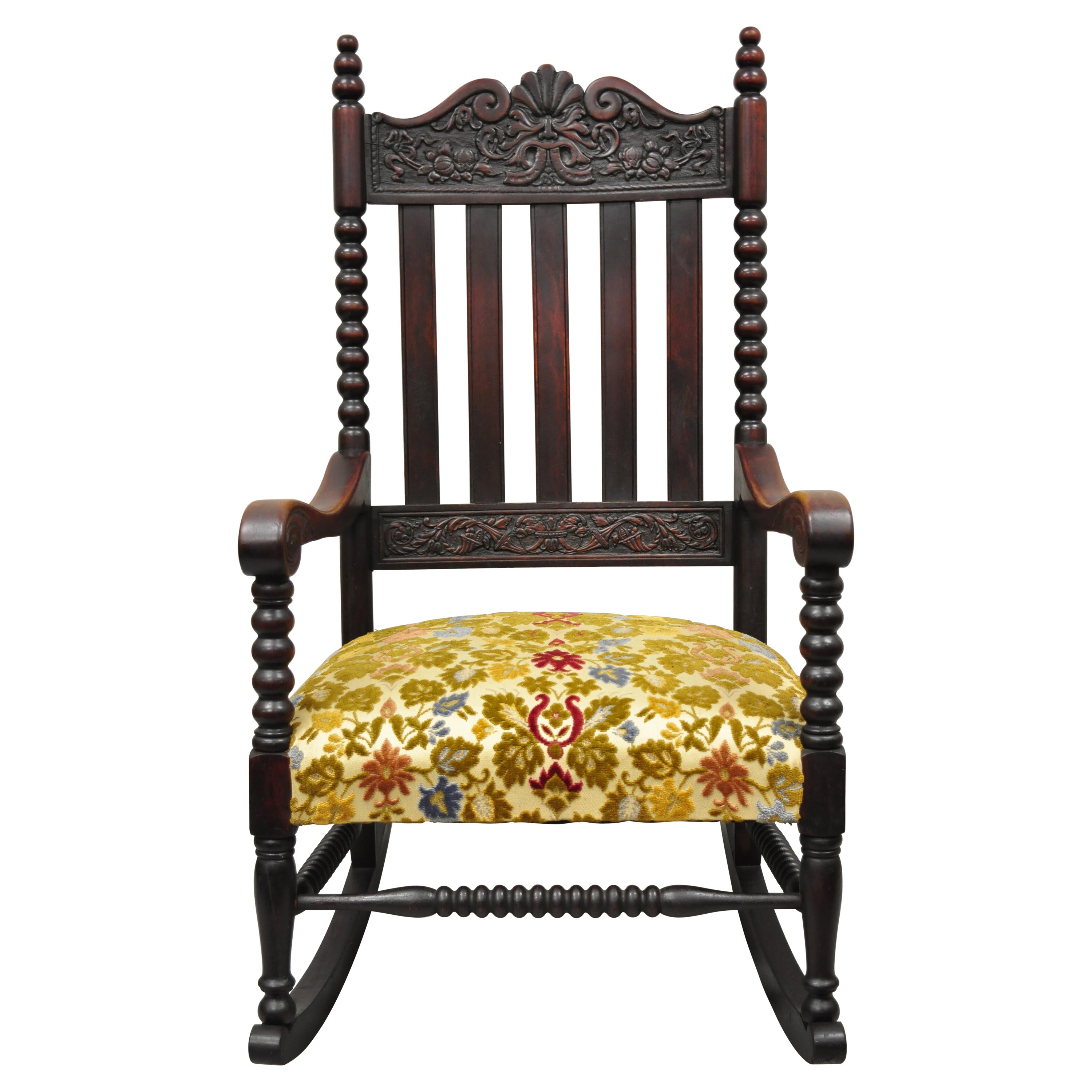 Antique Victorian Carved Mahogany Northwind Face Cornucopia Rocking Chair Rocker