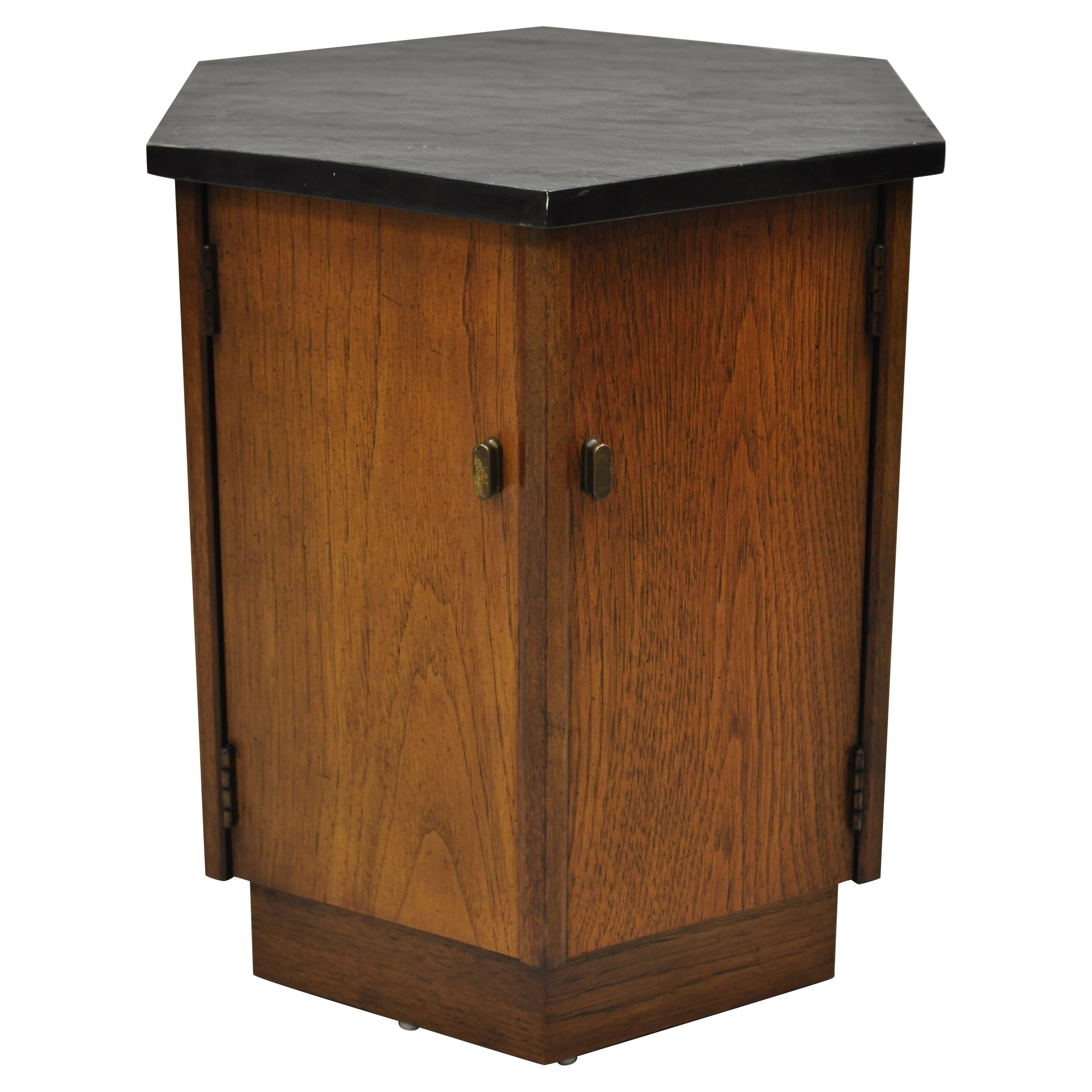 Mid-Century Modern Walnut Hexagonal Slate Top Side Cabinet Drum Table