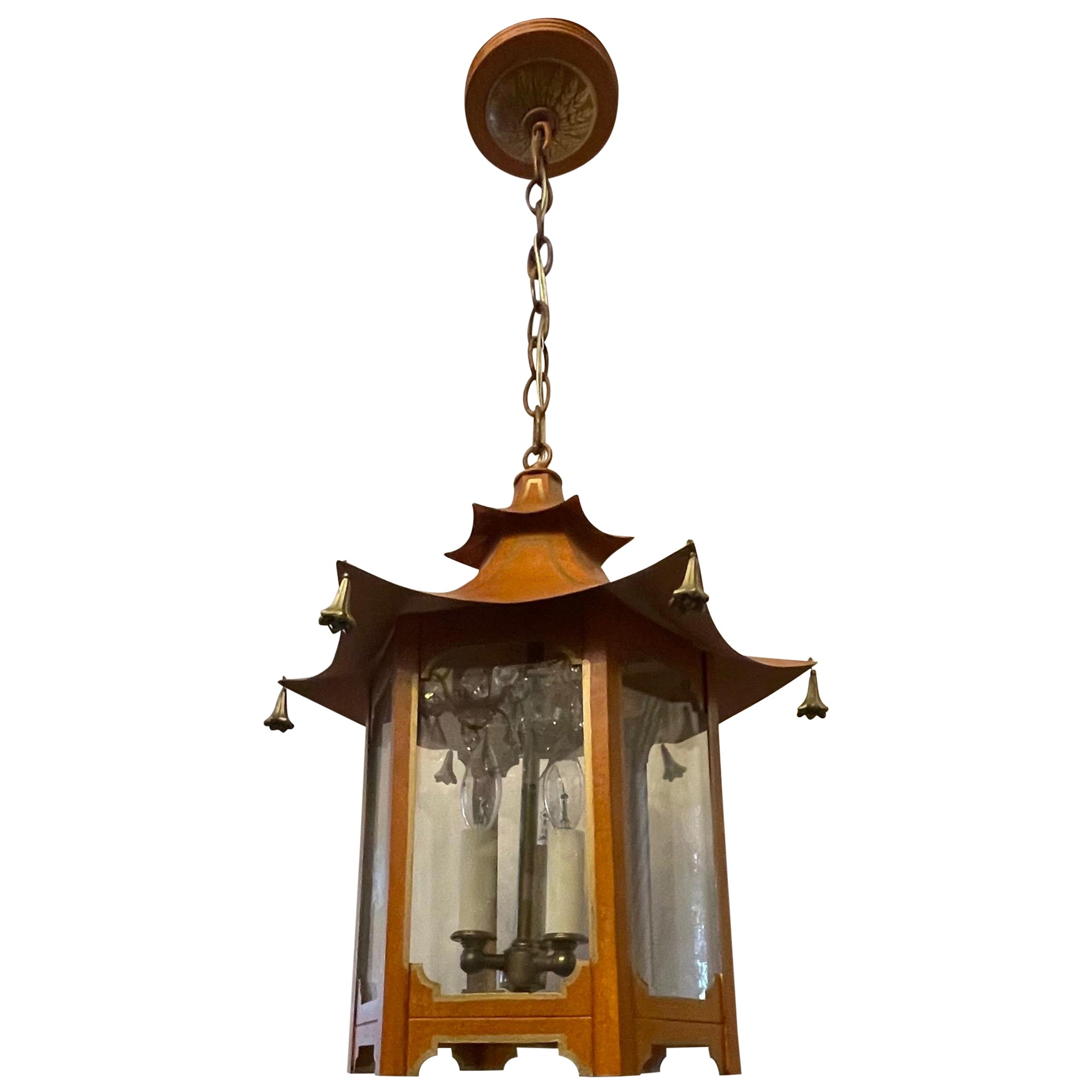 Wonderful Hand Painted Tole Pagoda Square Glass Chinoiserie Lantern Fixture