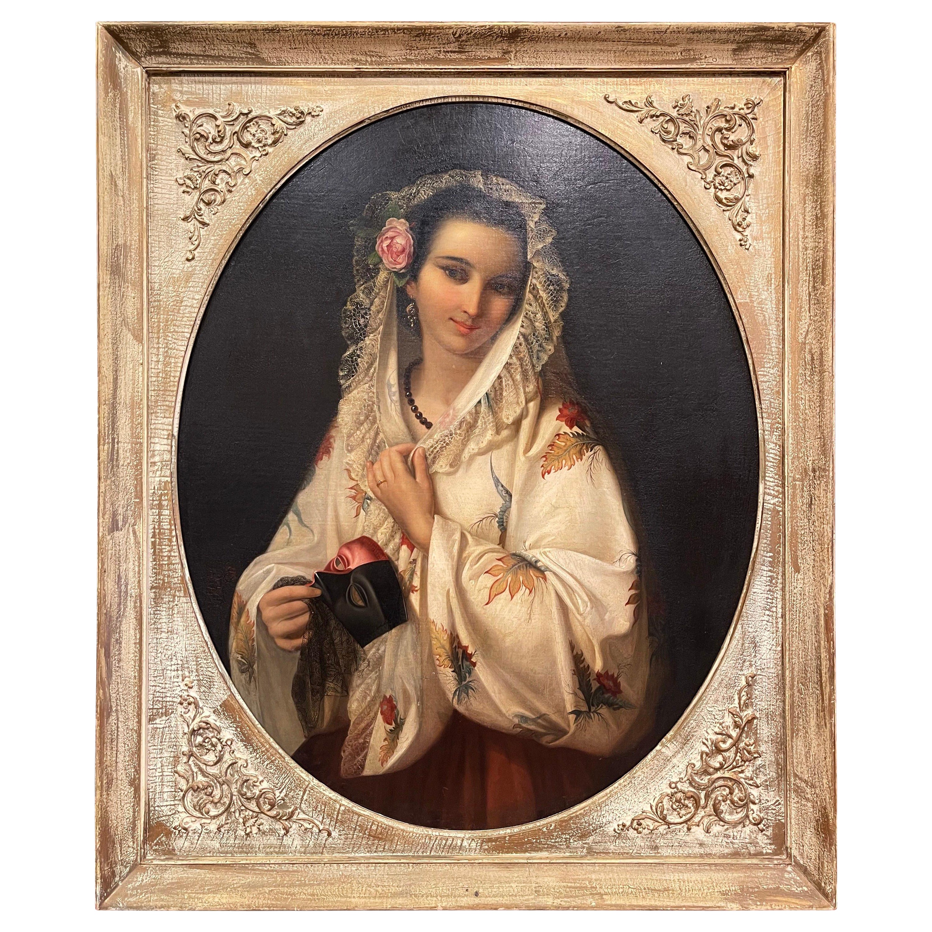 19th Century Italian Framed Oval Oil Painting on Board Signed P. Bedini